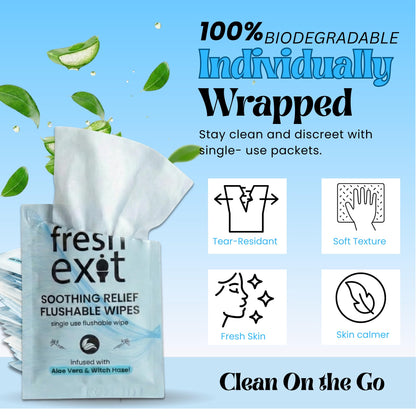FreshExit Flushable Hemorrhoid Wipes – 36 Count – Individually Wrapped with Witch Hazel & Aloe Vera, Large Discreet Travel Wipes for Adults, Soothing & Gentle on Skin - Maple Wellness Supplements