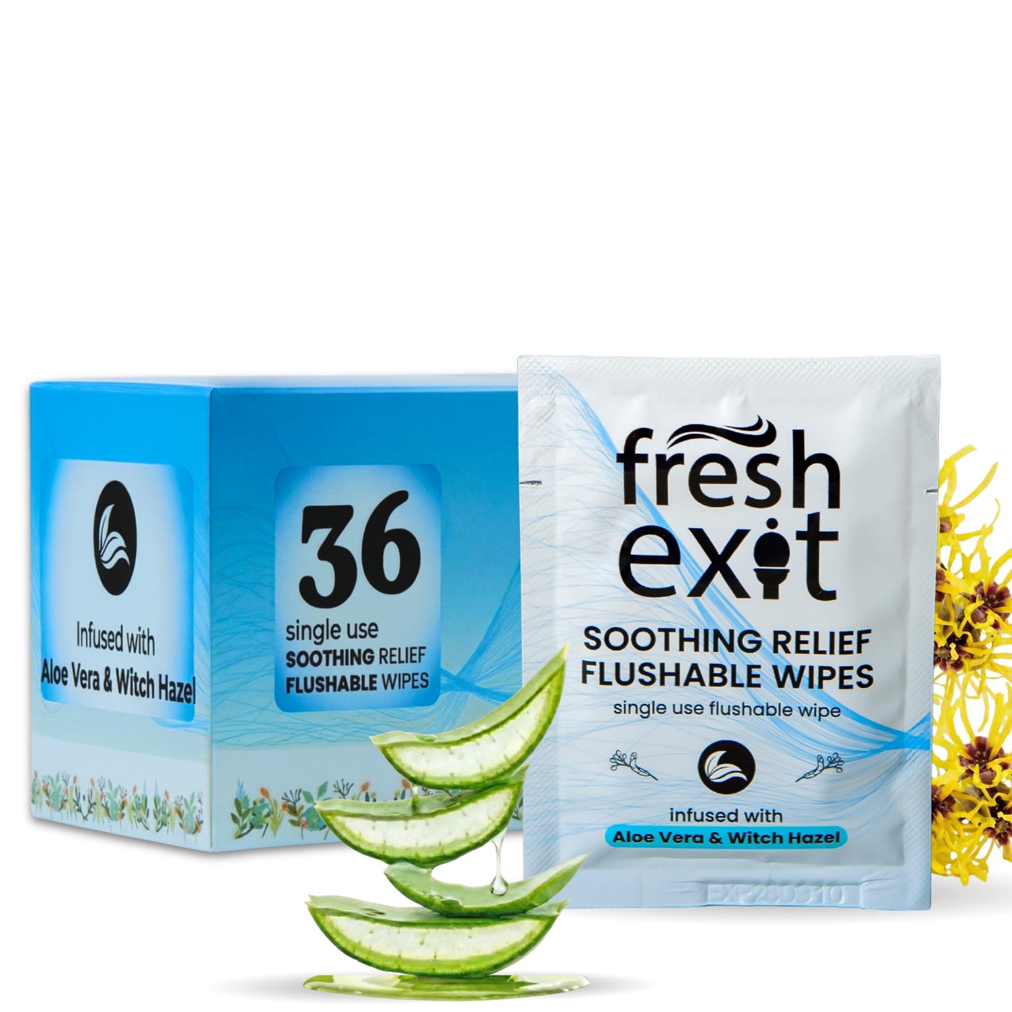 FreshExit Flushable Hemorrhoid Wipes – 36 Count – Individually Wrapped with Witch Hazel & Aloe Vera, Large Discreet Travel Wipes for Adults, Soothing & Gentle on Skin - Maple Wellness Supplements
