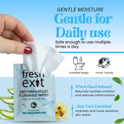 FreshExit Flushable Hemorrhoid Wipes – 36 Count – Individually Wrapped with Witch Hazel & Aloe Vera, Large Discreet Travel Wipes for Adults, Soothing & Gentle on Skin - Maple Wellness Supplements