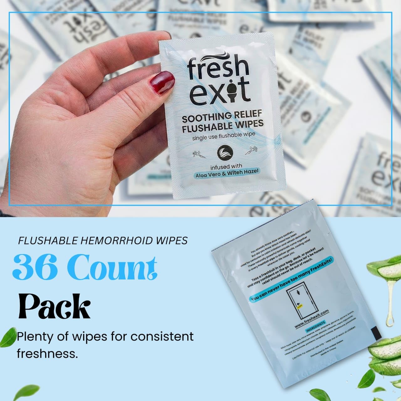 FreshExit Flushable Hemorrhoid Wipes – 36 Count – Individually Wrapped with Witch Hazel & Aloe Vera, Large Discreet Travel Wipes for Adults, Soothing & Gentle on Skin - Maple Wellness Supplements