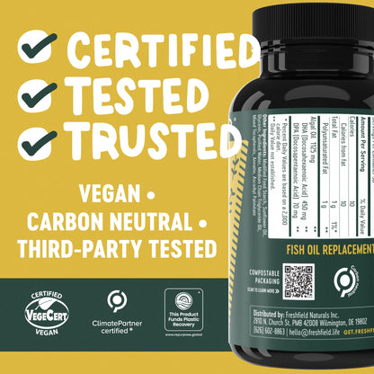 Freshfield Vegan Omega 3, Algae (Algal) Oil, Fish Oil Free Company, Third Party Tested, Carrageenan Free, DHA Supplement w/DPA - Maple Wellness Supplements