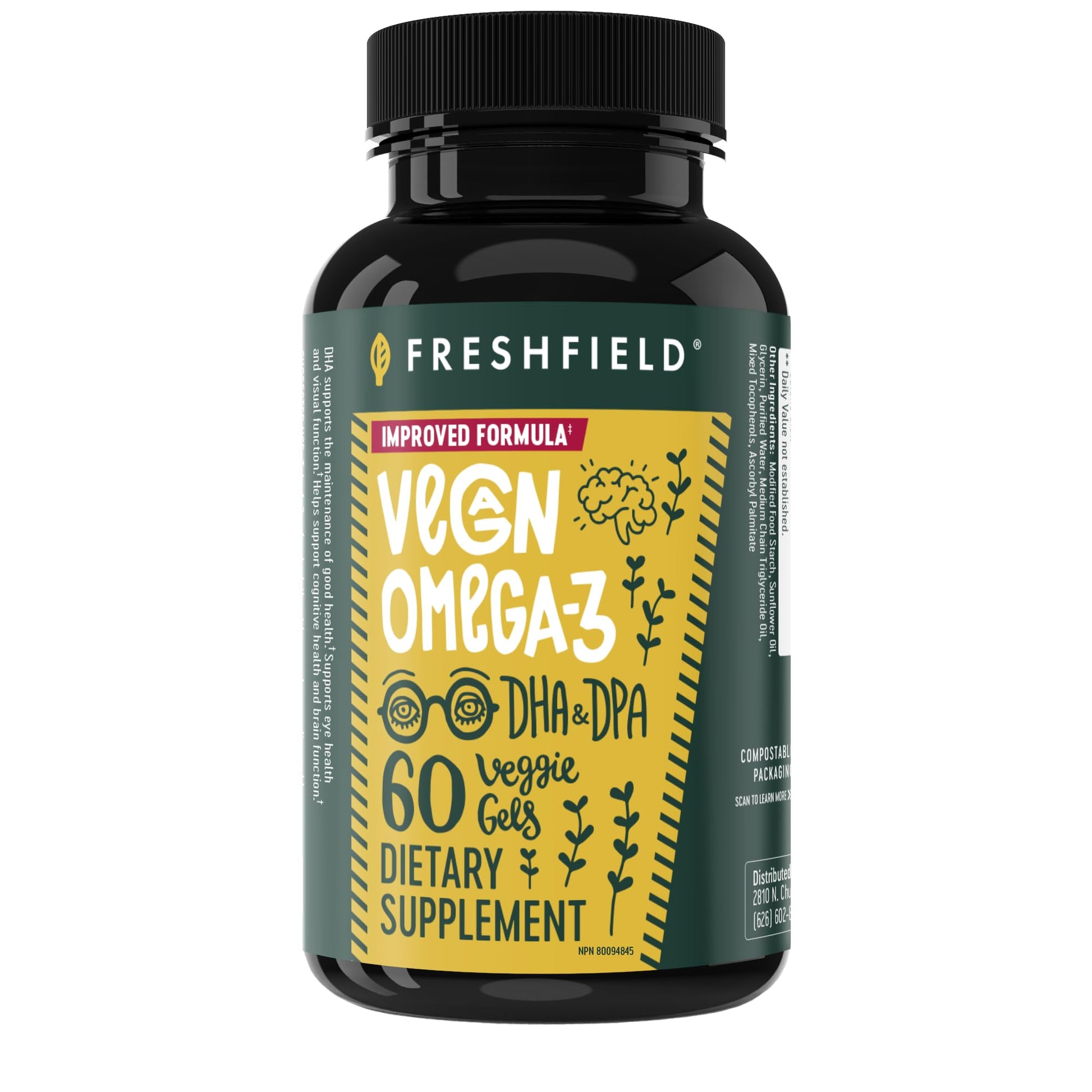 Freshfield Vegan Omega 3, Algae (Algal) Oil, Fish Oil Free Company, Third Party Tested, Carrageenan Free, DHA Supplement w/DPA - Maple Wellness Supplements