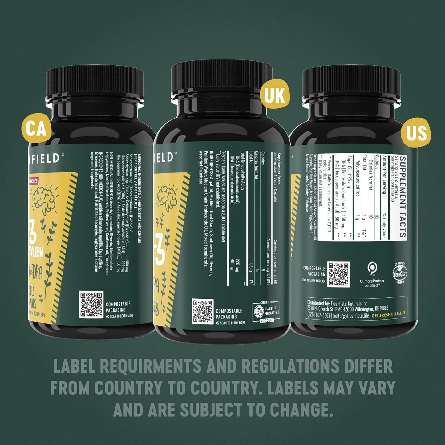 Freshfield Vegan Omega 3, Algae (Algal) Oil, Fish Oil Free Company, Third Party Tested, Carrageenan Free, DHA Supplement w/DPA - Maple Wellness Supplements