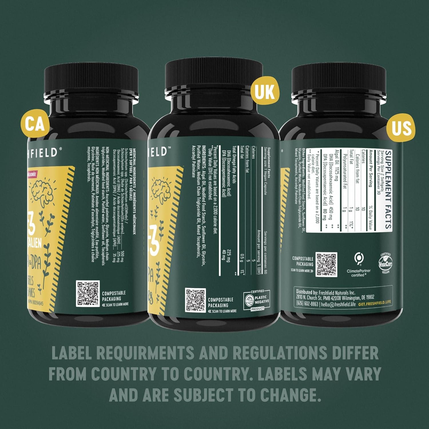 Freshfield Vegan Omega 3, Algae (Algal) Oil, Fish Oil Free Company, Third Party Tested, Carrageenan Free, DHA Supplement w/DPA - Maple Wellness Supplements