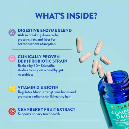 FRISKA Women’s Daily Digestive Enzyme and Probiotics Supplement, Advanced Natural Support for Female Digestive Health, Fights Bloating, Eases Digestion, Supports Nutrient Absorption, 30 Capsules - Maple Wellness Supplements