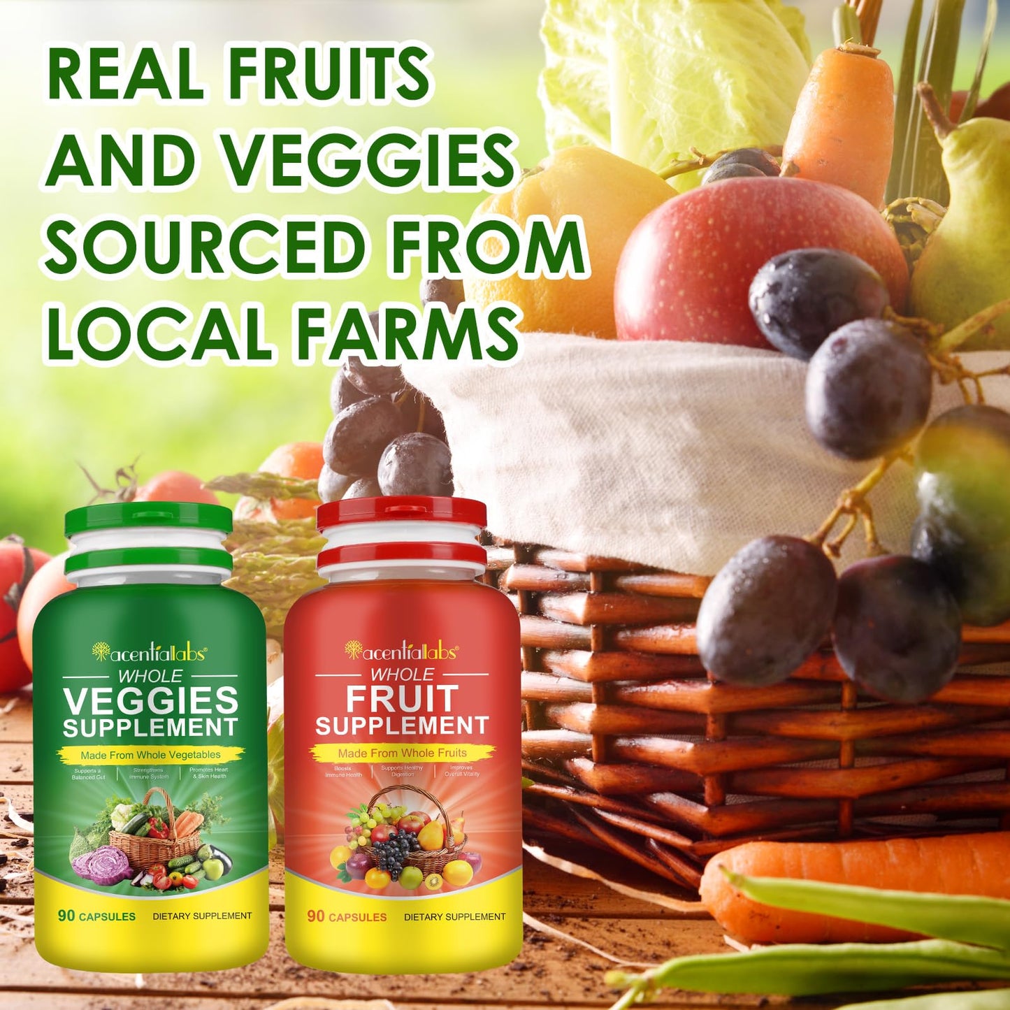 Fruit & Veggies Capsules | Daily Fruit & Vegetable Blend | 2 Bottles – 180 Vegetarian Capsules | Plant-Based Superfood Formula | Non-GMO, Gluten Free - Maple Wellness Supplements