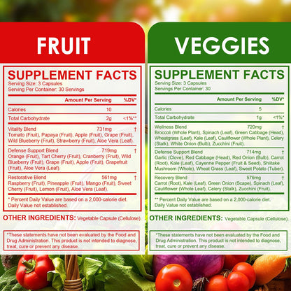 Fruit & Veggies Capsules | Daily Fruit & Vegetable Blend | 2 Bottles – 180 Vegetarian Capsules | Plant-Based Superfood Formula | Non-GMO, Gluten Free - Maple Wellness Supplements