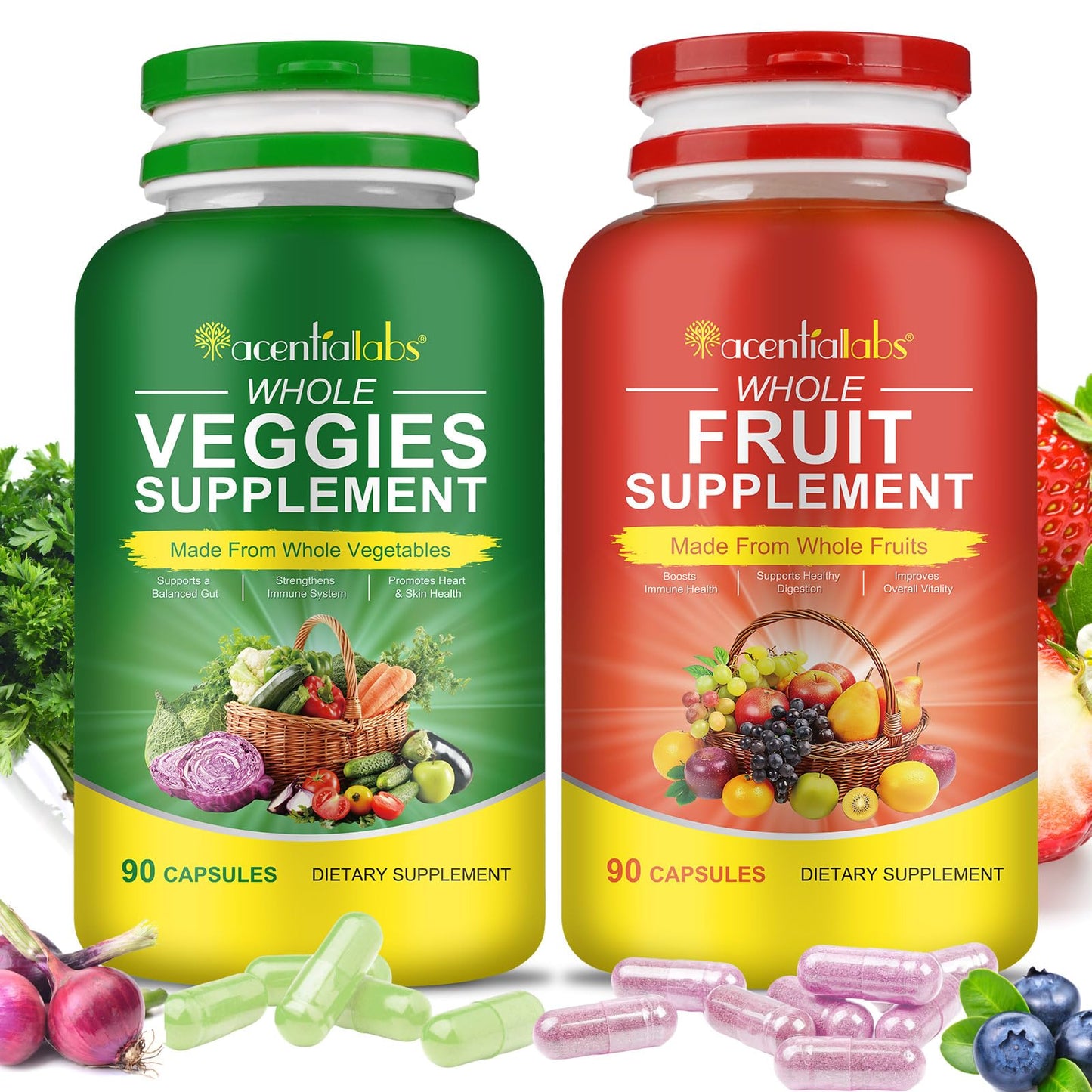 Fruit & Veggies Capsules | Daily Fruit & Vegetable Blend | 2 Bottles – 180 Vegetarian Capsules | Plant-Based Superfood Formula | Non-GMO, Gluten Free - Maple Wellness Supplements