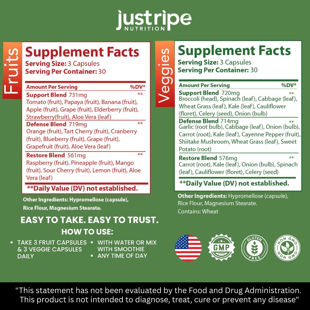 Fruits and Veggies Supplement - 90 Fruit and 90 Vegetable Capsules - 100% Whole Natural Superfood - Filled with Super Greens Vitamins and Minerals - Supports Balance Energy Levels (1 Pack) - Maple Wellness Supplements