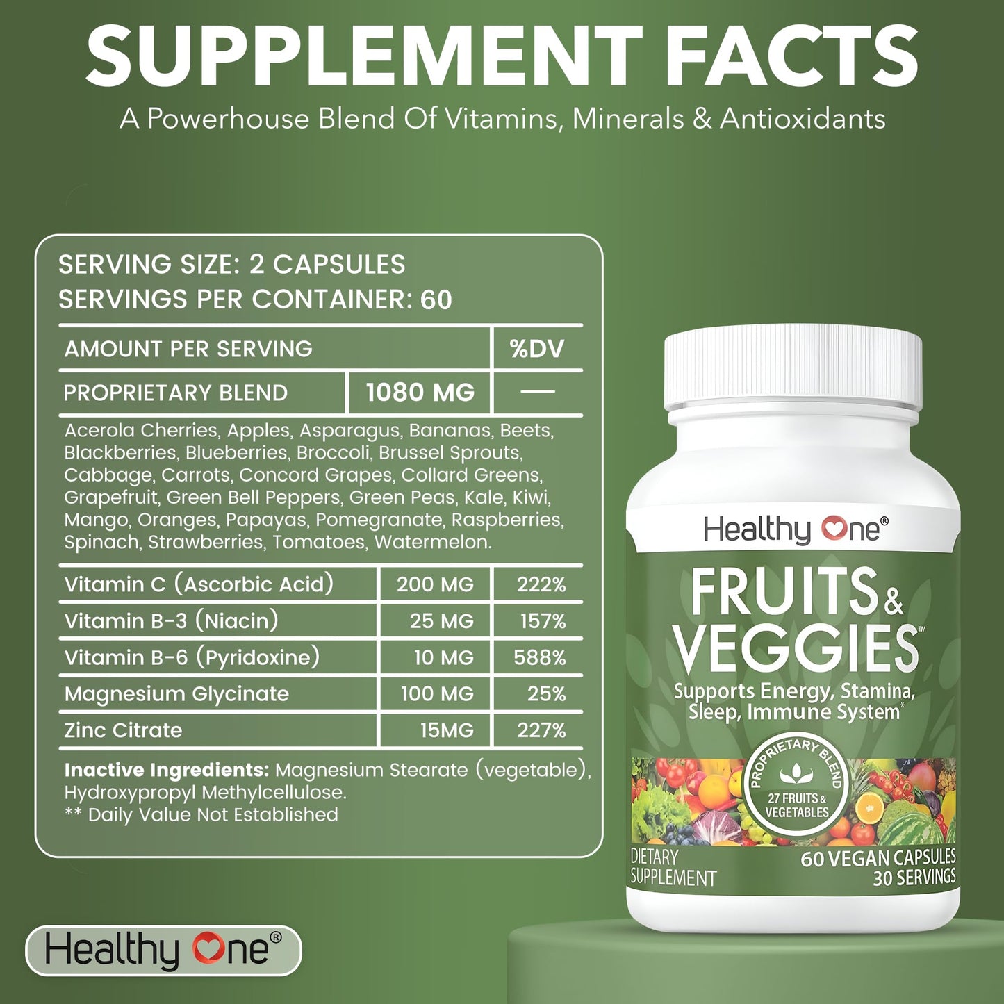 Fruits & Veggies Formula - 27 Premium Whole Foods - Organic Ingredients - Equals 3 Servings of Fruits & Vegetables - Improve Energy, Focus & Immune Function - Fiber - Antioxidants - 120ct (60 Serv) - Maple Wellness Supplements