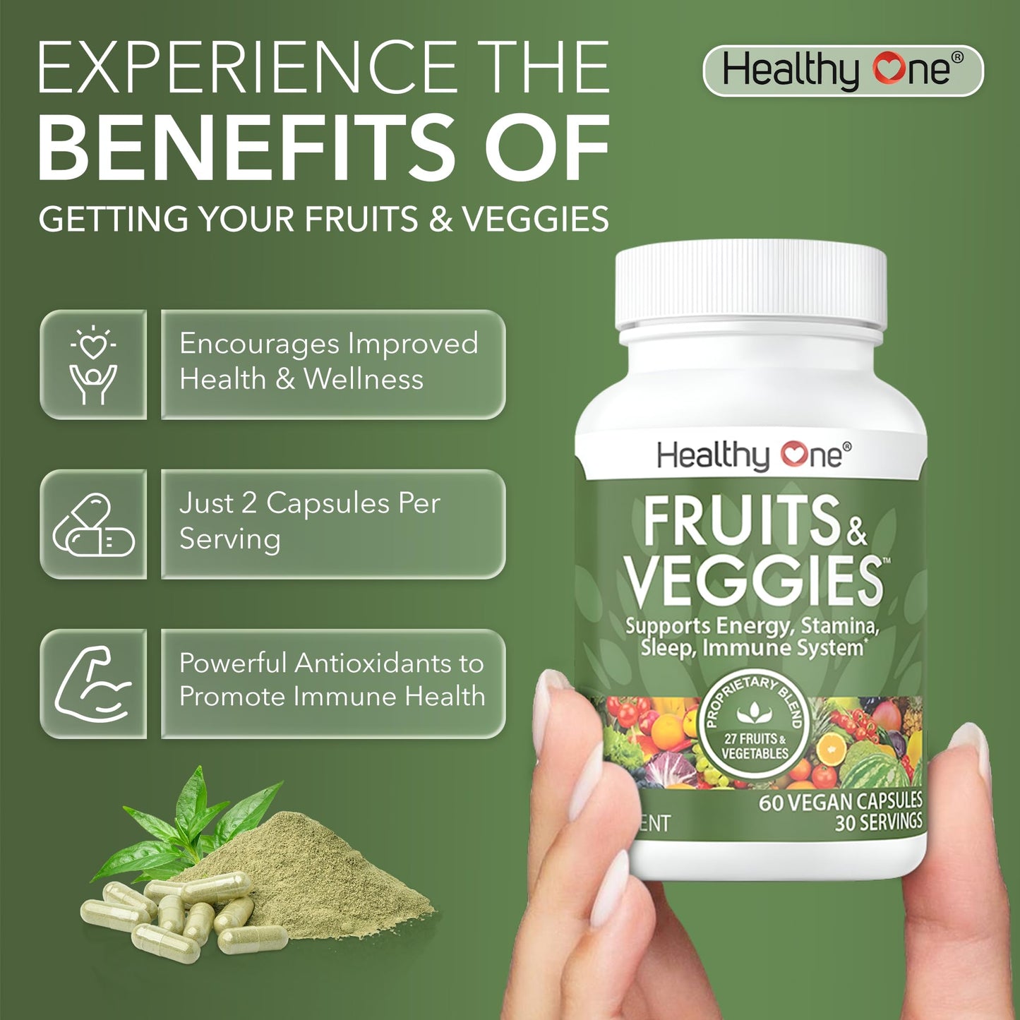 Fruits & Veggies Formula - 27 Premium Whole Foods - Organic Ingredients - Equals 3 Servings of Fruits & Vegetables - Improve Energy, Focus & Immune Function - Fiber - Antioxidants - 120ct (60 Serv) - Maple Wellness Supplements
