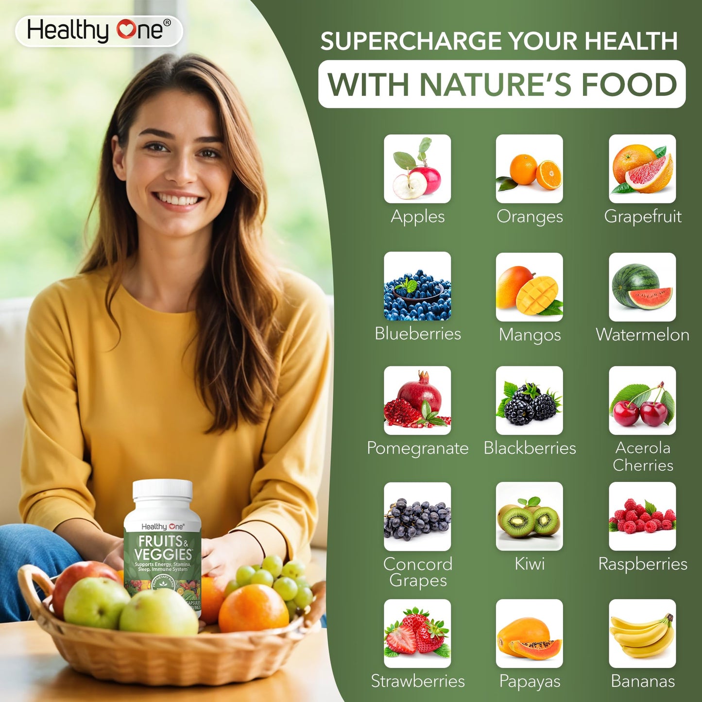 Fruits & Veggies Formula - 27 Premium Whole Foods - Organic Ingredients - Equals 3 Servings of Fruits & Vegetables - Improve Energy, Focus & Immune Function - Fiber - Antioxidants - 120ct (60 Serv) - Maple Wellness Supplements