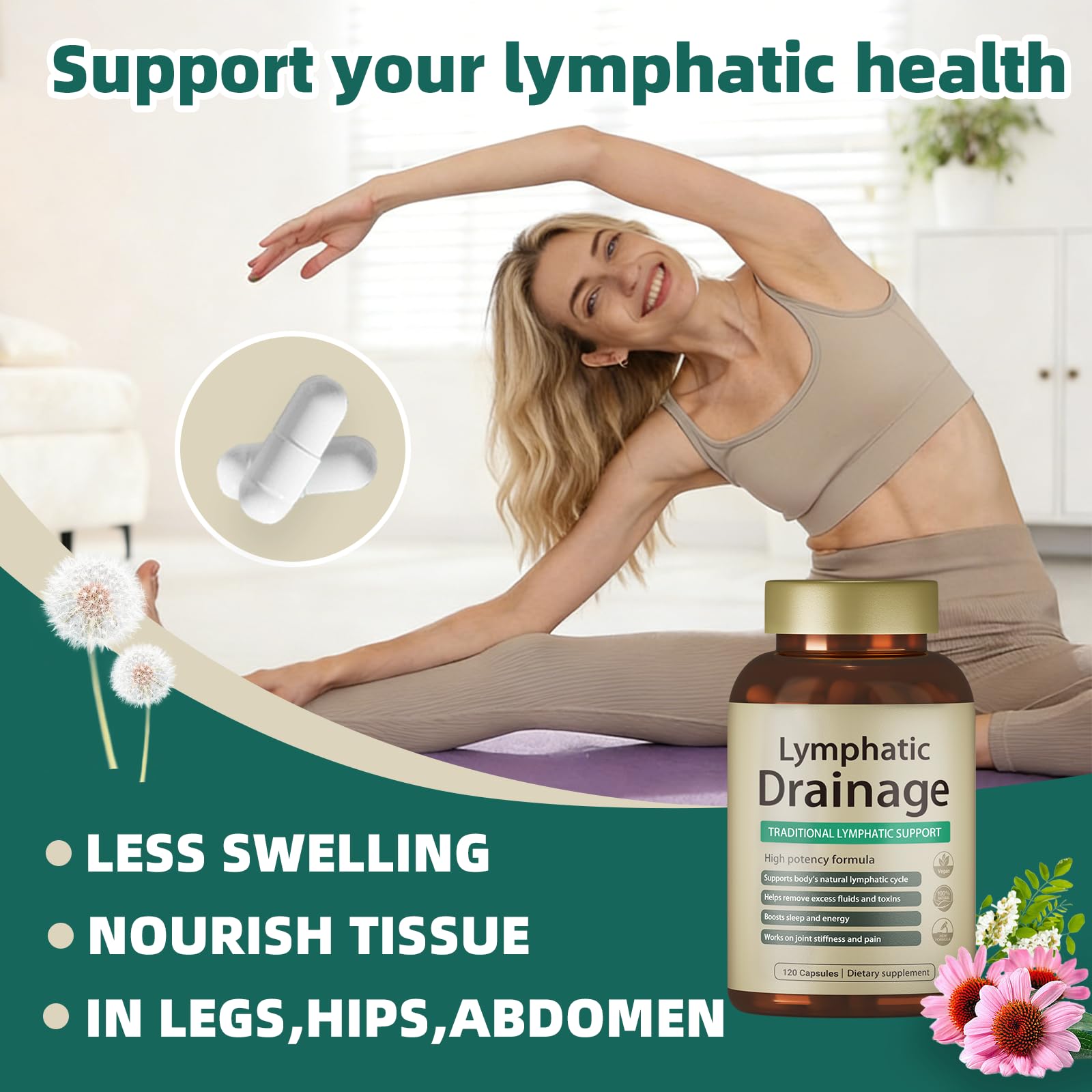 FRZVEO Lymphatic Drainage Capsules, 120 Capsules New Maximum Potency Formula 2 Month Supply with Dandelion Extract, Cleavers Extract - Supports Cellulite Reduction, Lymphatic Drainage & Immune Health - Maple Wellness Supplements