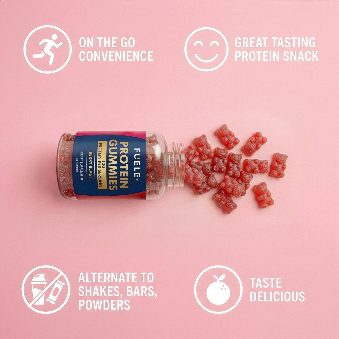 FUELE+ Protein Gummies – 12g High Protein Snack, Mixed Berry Flavor, No Added Sugar, Whey Protein Gummies, Supports Muscle Recovery, Post Workout Supplement - Maple Wellness Supplements
