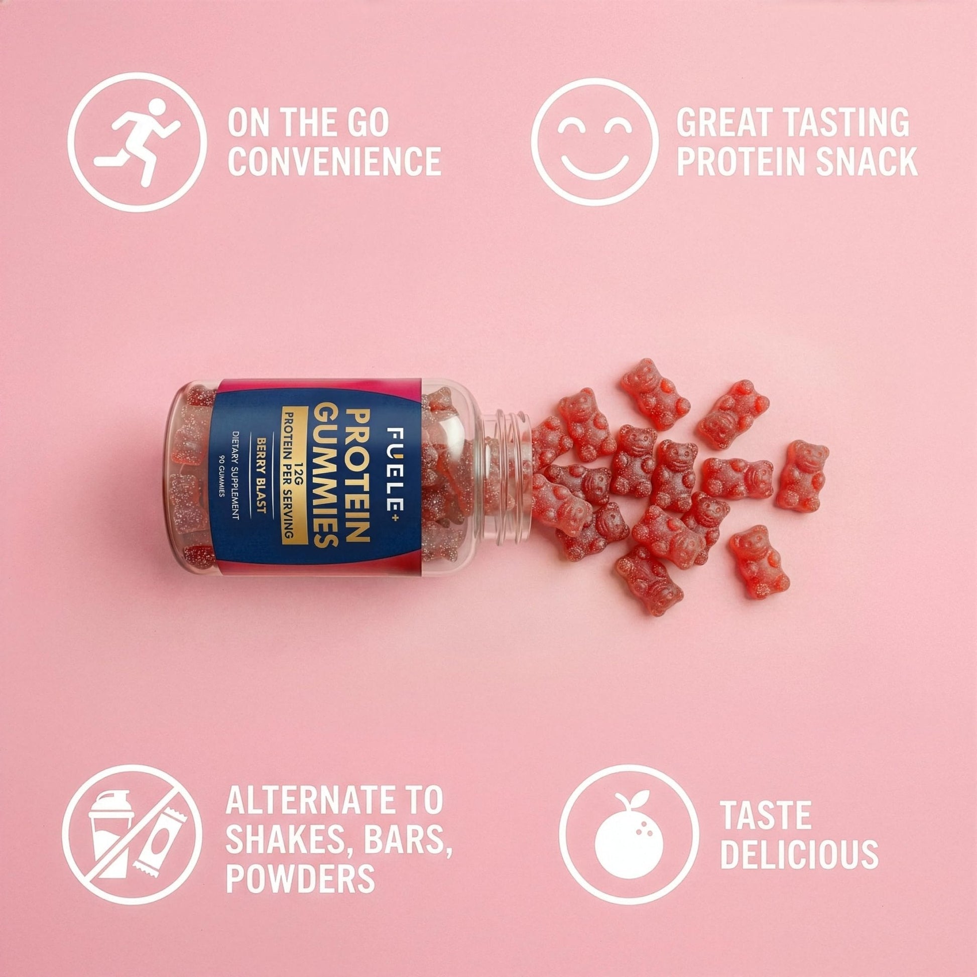FUELE+ Protein Gummies – 12g High Protein Snack, Mixed Berry Flavor, No Added Sugar, Whey Protein Gummies, Supports Muscle Recovery, Post Workout Supplement - Maple Wellness Supplements