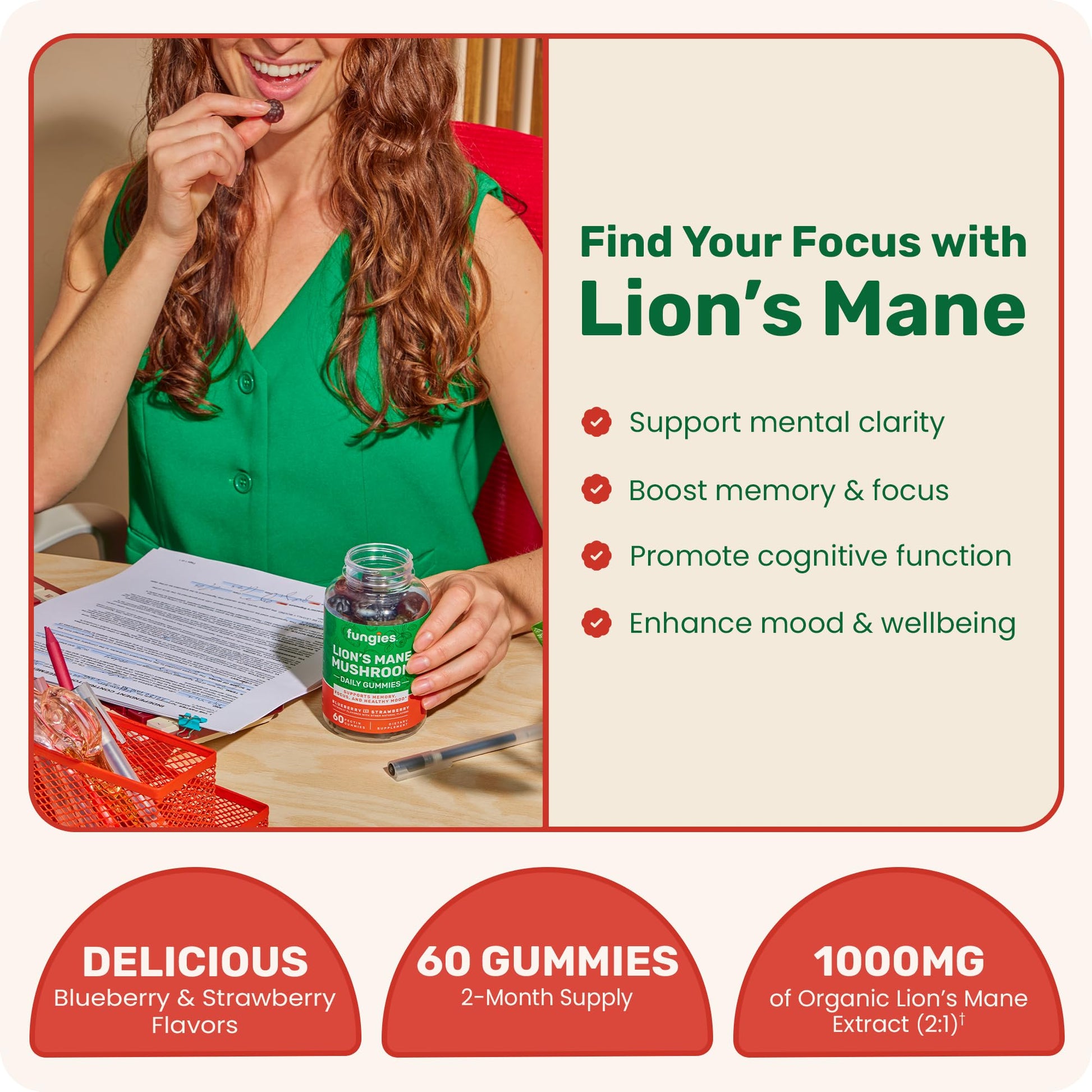 Fungies Lion's Mane Mushroom Gummies, Mixed Blueberry & Strawberry Flavor - Mushroom Supplement Gummy for Adults & Children Supports Brain Health, Cognitive Function - Maple Wellness Supplements