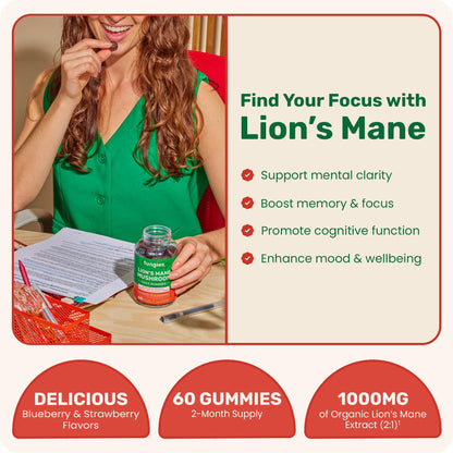 Fungies Lion's Mane Mushroom Gummies, Mixed Blueberry & Strawberry Flavor - Mushroom Supplement Gummy for Adults & Children Supports Brain Health, Cognitive Function - Maple Wellness Supplements