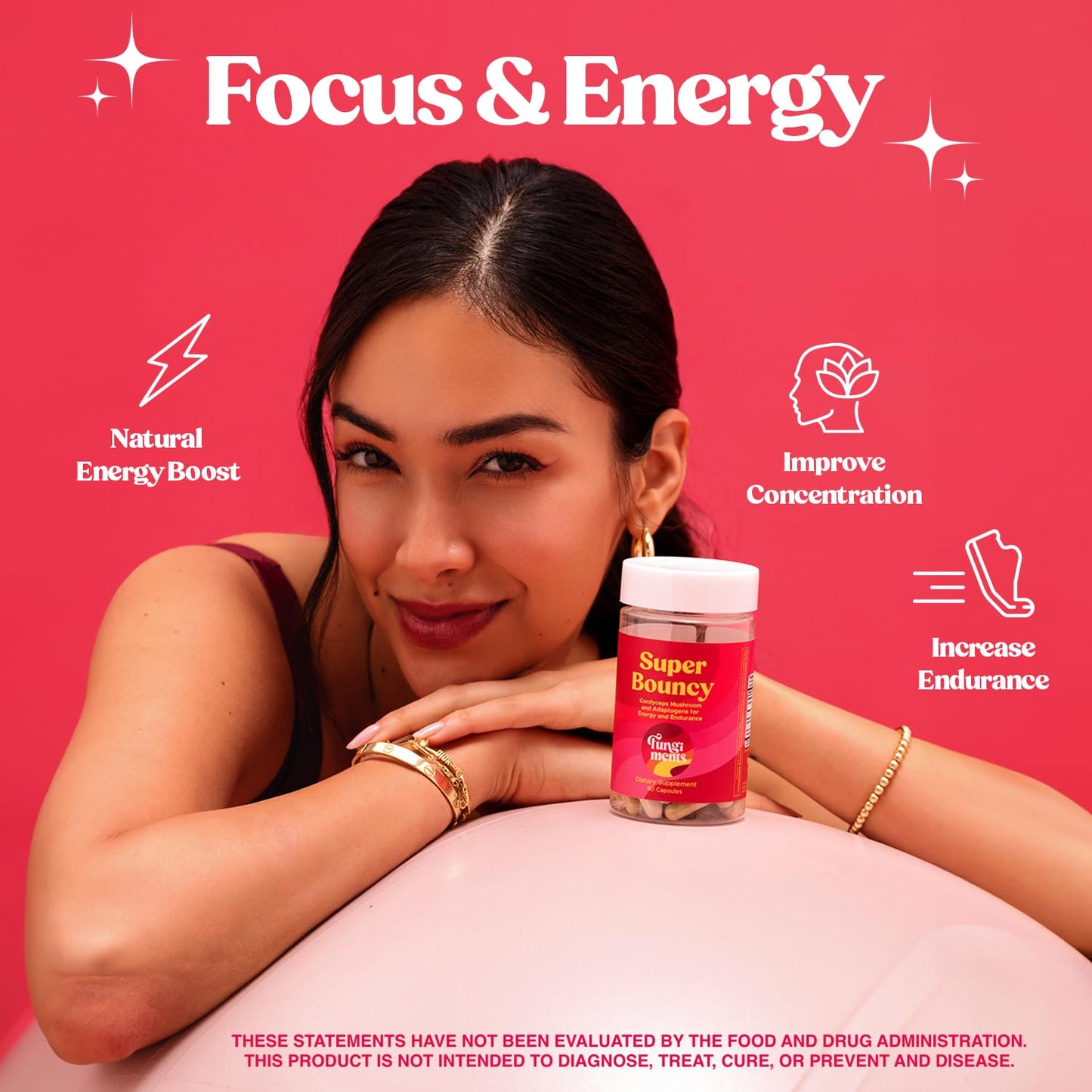Fungiments Super Bouncy Mushroom Supplement – Cordyceps Focus Capsules for Adults – Natural Brain Boost, Green Tea Energy Vitamins Without jitters, Stamina for Women, Fatigue Support – 60 Count - Maple Wellness Supplements