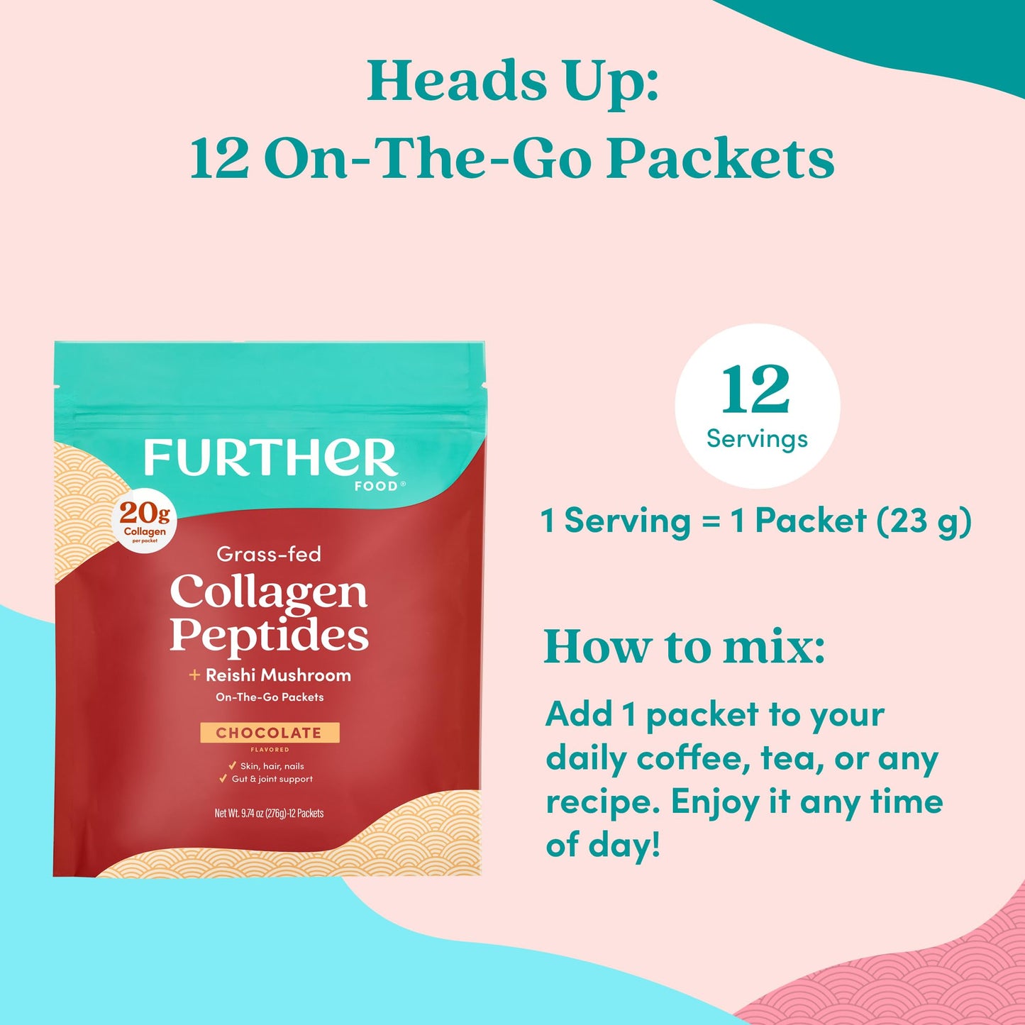 Further Food Chocolate Collagen Peptides Powder with Reishi Mushroom - 100% Grass-Fed, Hydrolyzed Type 1 & 3, 20g of Collagen per Serving, Supports Skin, Hair, Nails & Joints, Stick Packs, 9.74 Oz - Maple Wellness Supplements