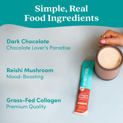Further Food Chocolate Collagen Peptides Powder with Reishi Mushroom - 100% Grass-Fed, Hydrolyzed Type 1 & 3, 20g of Collagen per Serving, Supports Skin, Hair, Nails & Joints, Stick Packs, 9.74 Oz - Maple Wellness Supplements