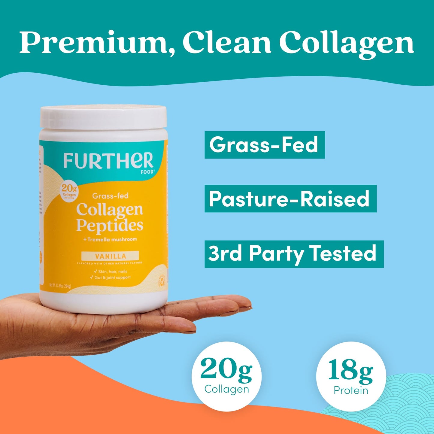 Further Food Vanilla Collagen Peptides Powder with Tremella Mushroom – 100% Grass-Fed, Hydrolyzed Type 1 & 3, 20g of Collagen per Serving, Supports Skin, Hair, Nails & Joints, 22.22 Oz - Maple Wellness Supplements
