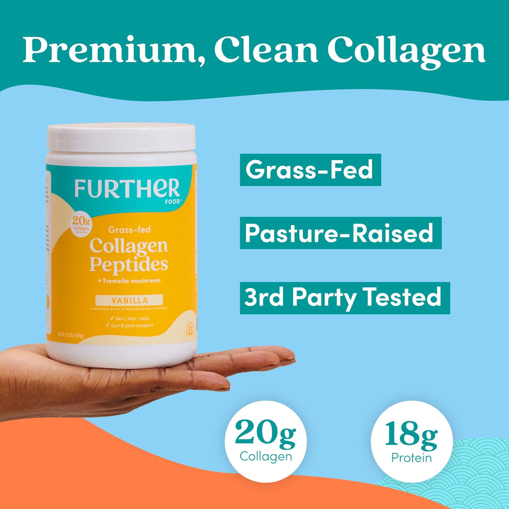 Further Food Vanilla Collagen Peptides Powder with Tremella Mushroom – 100% Grass-Fed, Hydrolyzed Type 1 & 3, 20g of Collagen per Serving, Supports Skin, Hair, Nails & Joints, 22.22 Oz - Maple Wellness Supplements