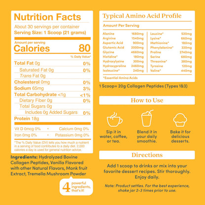 Further Food Vanilla Collagen Peptides Powder with Tremella Mushroom – 100% Grass-Fed, Hydrolyzed Type 1 & 3, 20g of Collagen per Serving, Supports Skin, Hair, Nails & Joints, 22.22 Oz - Maple Wellness Supplements
