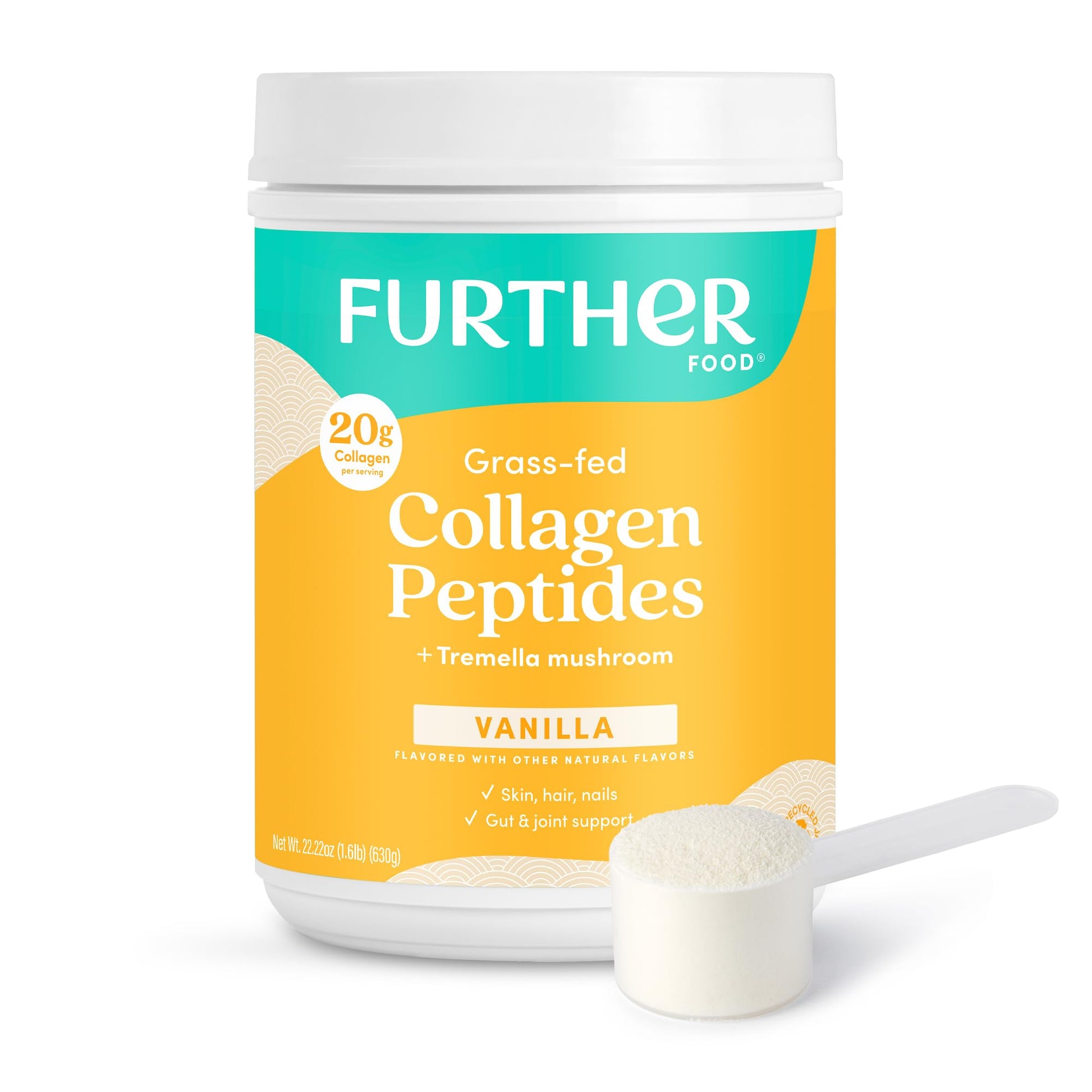 Further Food Vanilla Collagen Peptides Powder with Tremella Mushroom – 100% Grass-Fed, Hydrolyzed Type 1 & 3, 20g of Collagen per Serving, Supports Skin, Hair, Nails & Joints, 22.22 Oz - Maple Wellness Supplements
