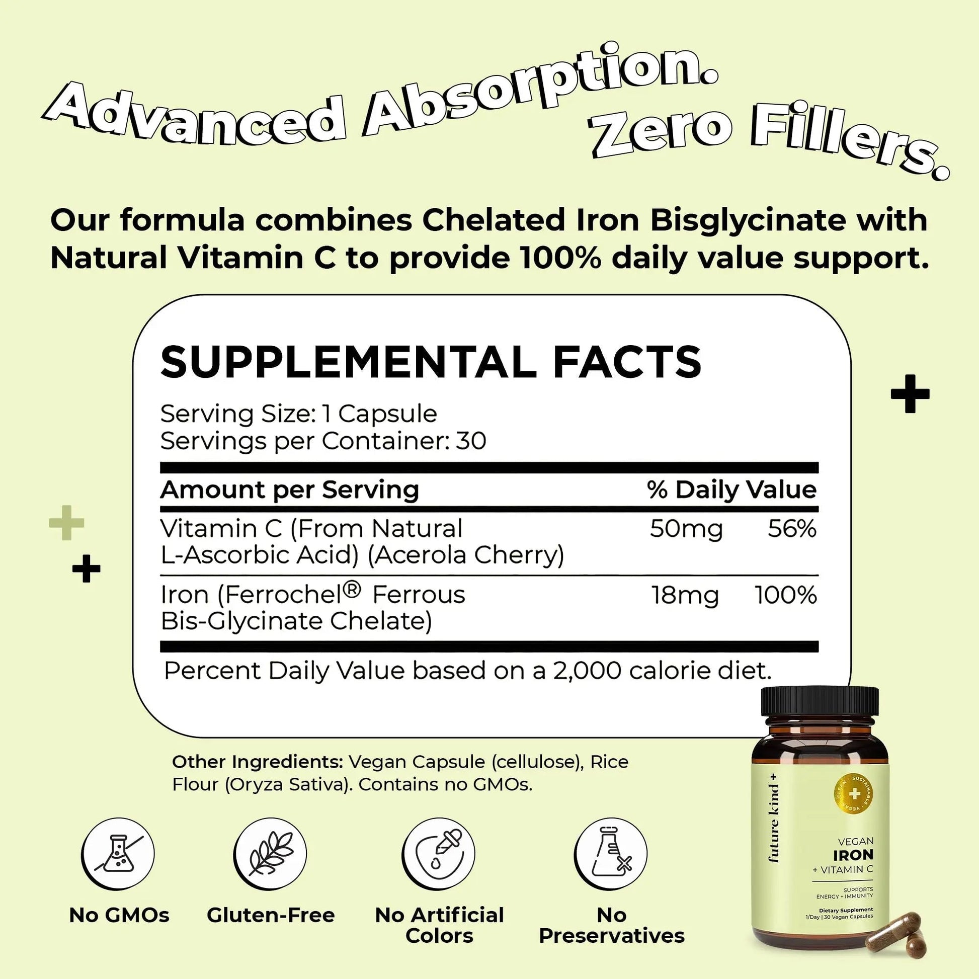 Future Kind Iron Supplement for Women and Men, Daily Energy & Focus, Chelated Iron Bisglycinate, 18mg 100% DV with Vitamin C for Absorption - Gentle on Stomach, Non-GMO Vegan Capsules, 30 Day Supply - Maple Wellness Supplements
