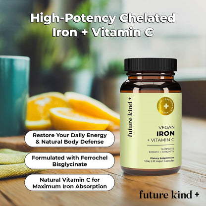Future Kind Iron Supplement for Women and Men, Daily Energy & Focus, Chelated Iron Bisglycinate, 18mg 100% DV with Vitamin C for Absorption - Gentle on Stomach, Non-GMO Vegan Capsules, 30 Day Supply - Maple Wellness Supplements