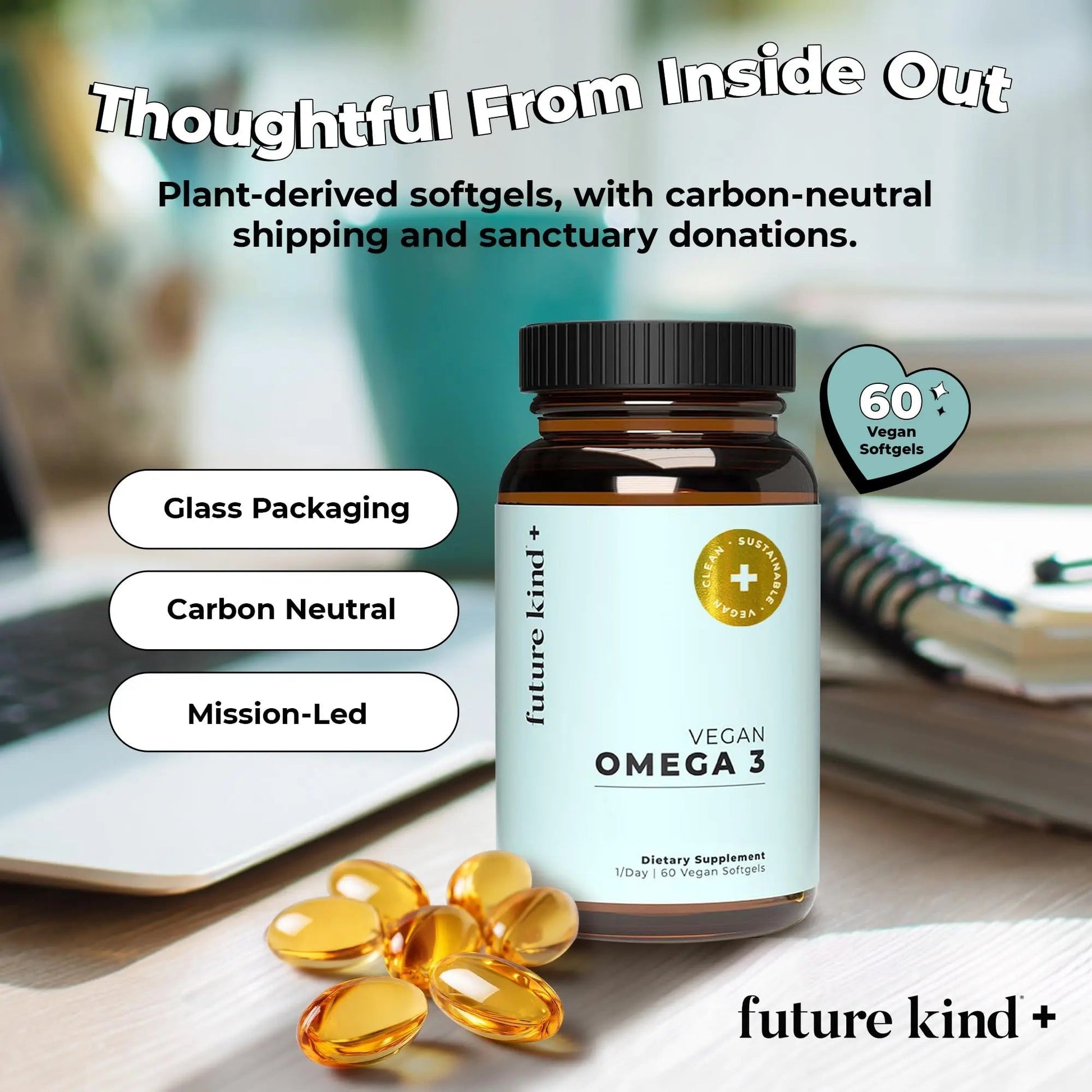 Future Kind Omega-3 Supplement for Clarity, Memory, and Mobility Comfort, 2 Months Supply of Citrus-Scented Softgels with EPA and DHA, Vegan Omega-3 Supplement from Algae, Carrageenan Free, 60 Count - Maple Wellness Supplements