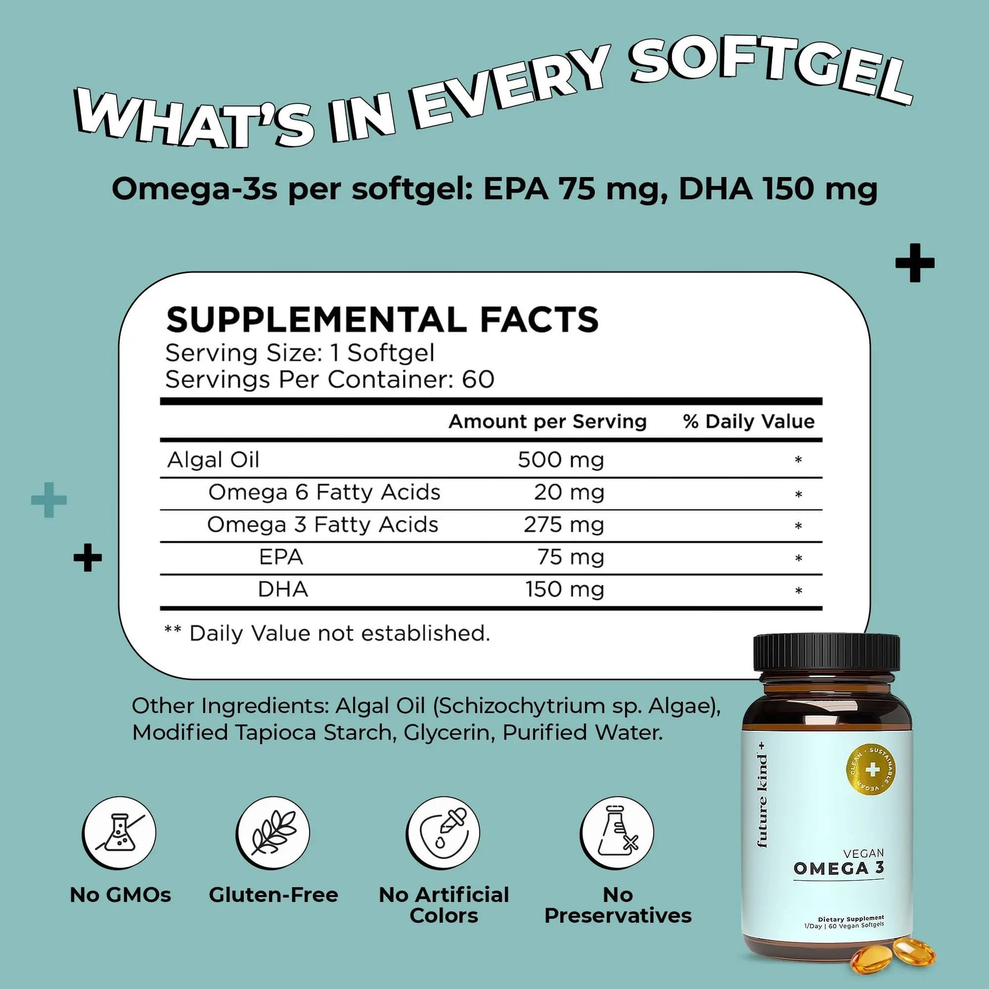 Future Kind Omega-3 Supplement for Clarity, Memory, and Mobility Comfort, 2 Months Supply of Citrus-Scented Softgels with EPA and DHA, Vegan Omega-3 Supplement from Algae, Carrageenan Free, 60 Count - Maple Wellness Supplements