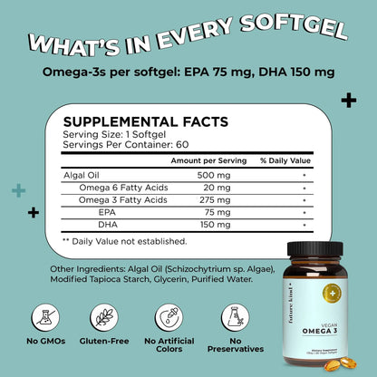 Future Kind Omega-3 Supplement for Clarity, Memory, and Mobility Comfort, 2 Months Supply of Citrus-Scented Softgels with EPA and DHA, Vegan Omega-3 Supplement from Algae, Carrageenan Free, 60 Count - Maple Wellness Supplements