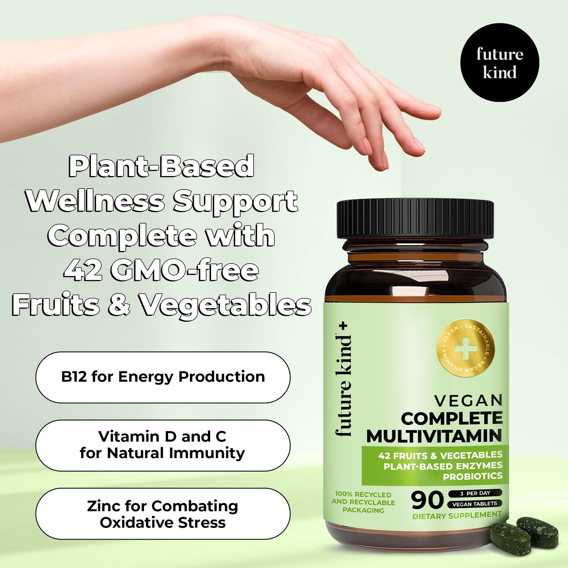 Future Kind Vegan Multivitamins Complete - 42-in-1 Vegan Multivitamins for Women & Men with Enzymes, B12, Zinc, & Probiotics for Digestion - Maple Wellness Supplements