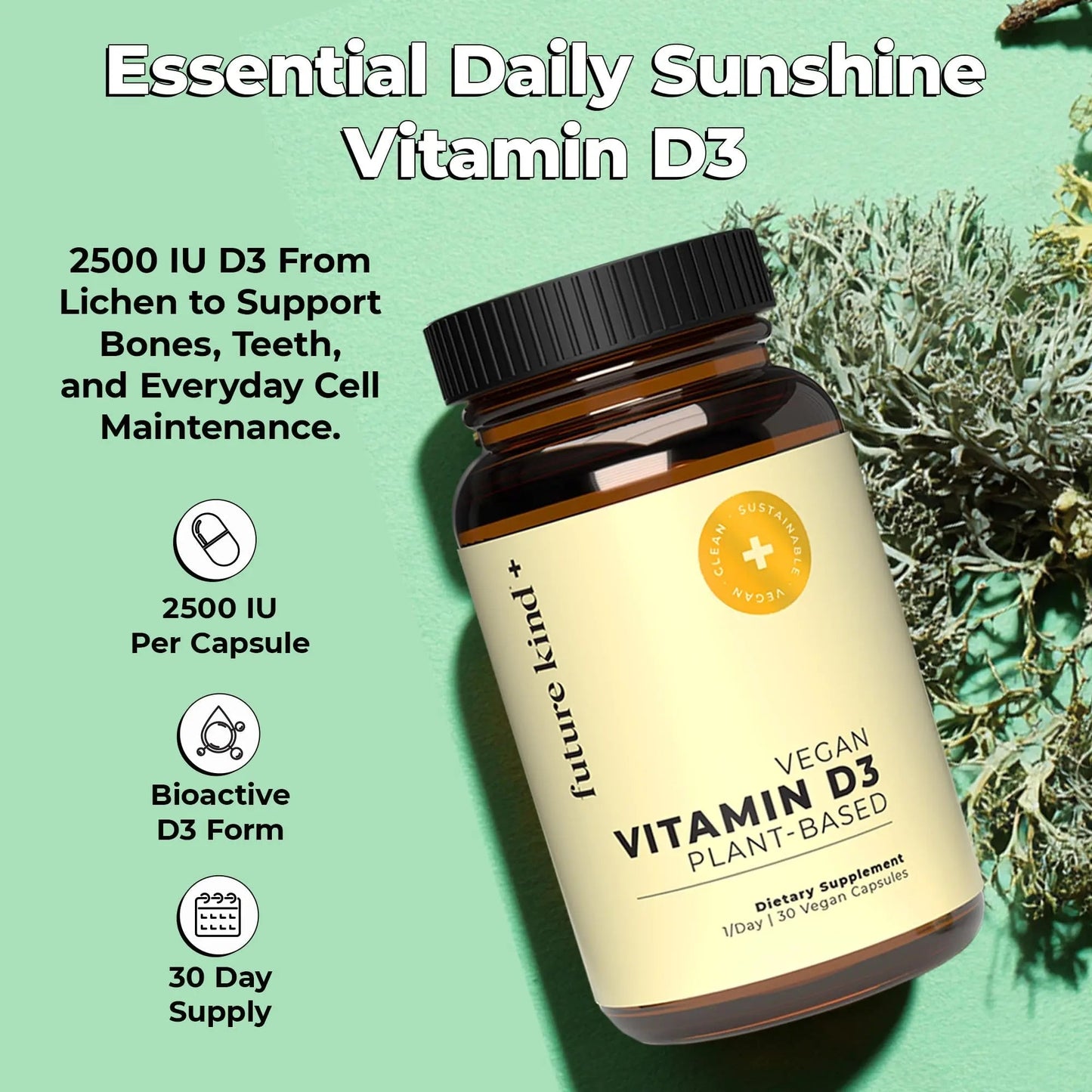 Future Kind Vitamin D3 2500 IU for Bone and Muscle Function, Vitamin D Vegan Supplement from Plant Lichen, Non-GMO, Sugar Free, Pure Vitamin D3, Promotes Natural Resilience, 30 Capsules - Maple Wellness Supplements