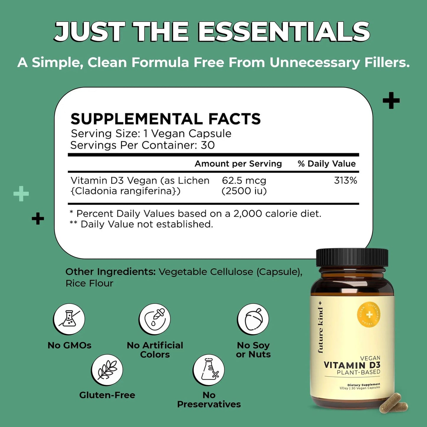 Future Kind Vitamin D3 2500 IU for Bone and Muscle Function, Vitamin D Vegan Supplement from Plant Lichen, Non-GMO, Sugar Free, Pure Vitamin D3, Promotes Natural Resilience, 30 Capsules - Maple Wellness Supplements