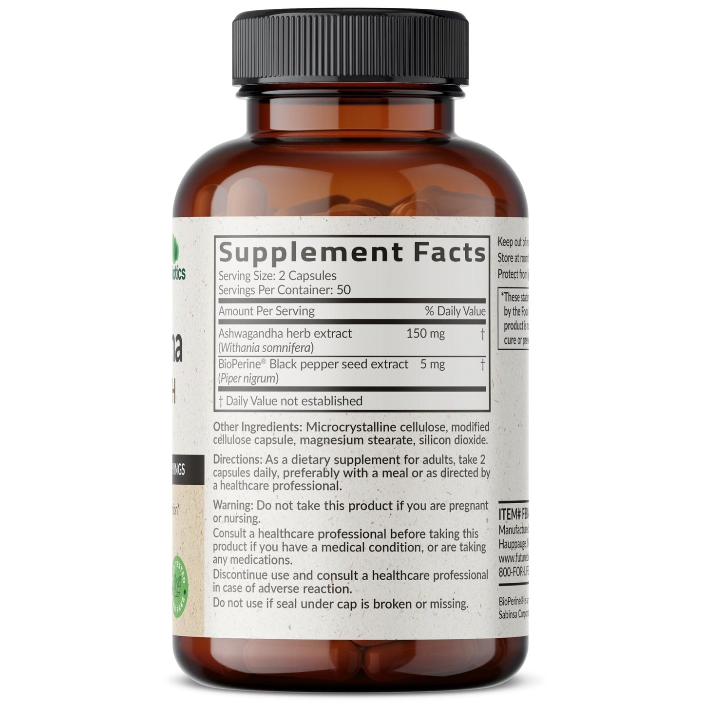 Futurebiotics Ashwagandha Extra Strength Stress & Mood Support with BioPerine - Non GMO Formula, 100 Vegetarian Capsules - Maple Wellness Supplements