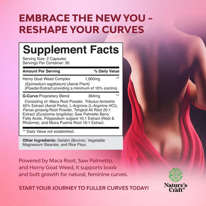 G-Curve Butt and Breast Growth Capsules - Horny Goat Weed Muira Puama & Maca Root for Butt Growth Support - Advanced Herbal Formula - Maple Wellness Supplements