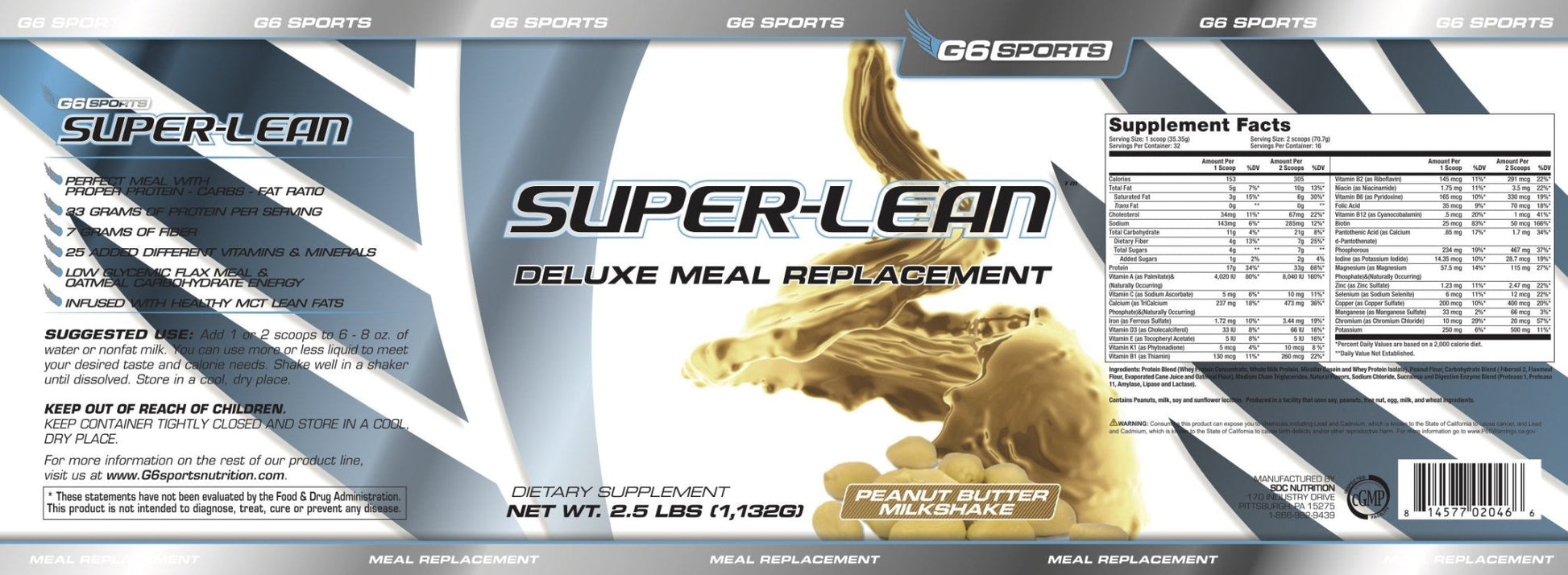 G6 Sports Nutrition Super-Lean Deluxe Meal Replacement (32g Protein, 7g Fiber, 25 Added - Maple Wellness Supplements
