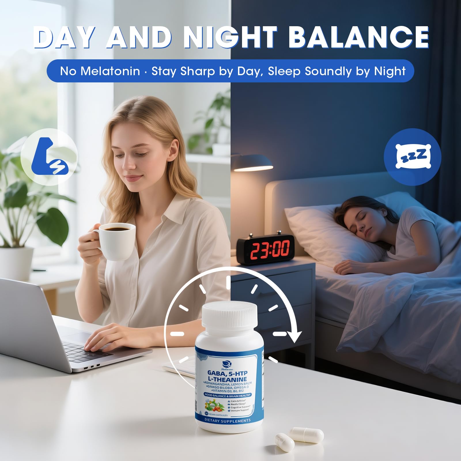 GABA Supplements 750mg with L Theanine, 5HTP, Ashwagandha, Lemon Balm, Ginkgo Biloba, Omega-3, 10 in 1 GABA Calm Capsules for Sleep, Relaxation, Focus, Mood Support, Cortisol Balance - 90CT - Maple Wellness Supplements