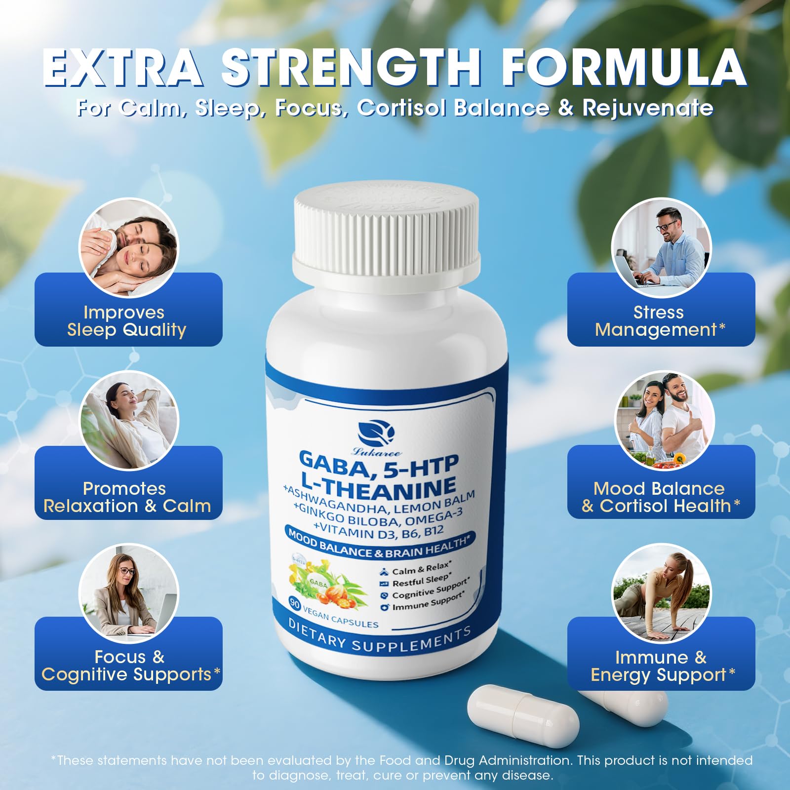 GABA Supplements 750mg with L Theanine, 5HTP, Ashwagandha, Lemon Balm, Ginkgo Biloba, Omega-3, 10 in 1 GABA Calm Capsules for Sleep, Relaxation, Focus, Mood Support, Cortisol Balance - 90CT - Maple Wellness Supplements