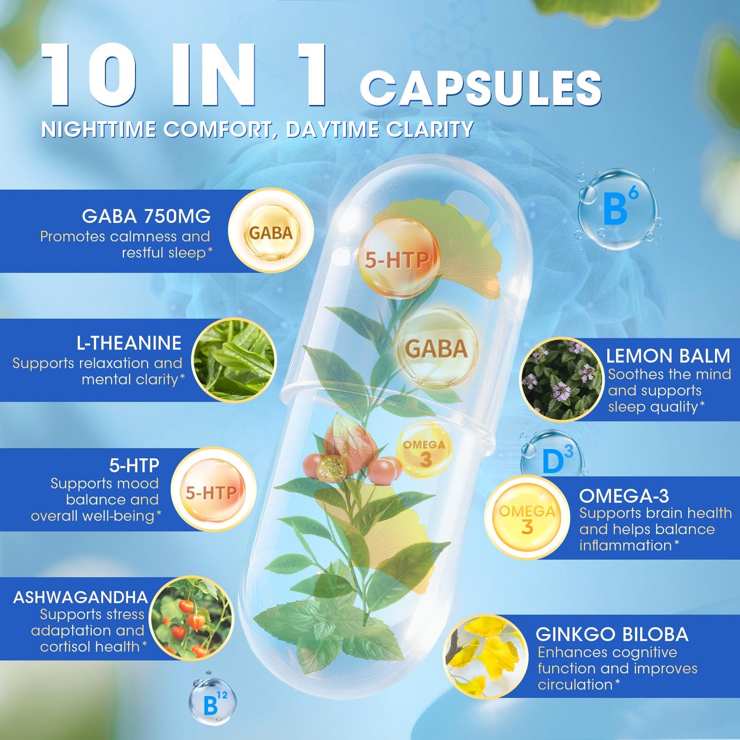 GABA Supplements 750mg with L Theanine, 5HTP, Ashwagandha, Lemon Balm, Ginkgo Biloba, Omega-3, 10 in 1 GABA Calm Capsules for Sleep, Relaxation, Focus, Mood Support, Cortisol Balance - 90CT - Maple Wellness Supplements