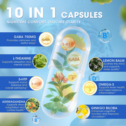GABA Supplements 750mg with L Theanine, 5HTP, Ashwagandha, Lemon Balm, Ginkgo Biloba, Omega-3, 10 in 1 GABA Calm Capsules for Sleep, Relaxation, Focus, Mood Support, Cortisol Balance - 90CT - Maple Wellness Supplements