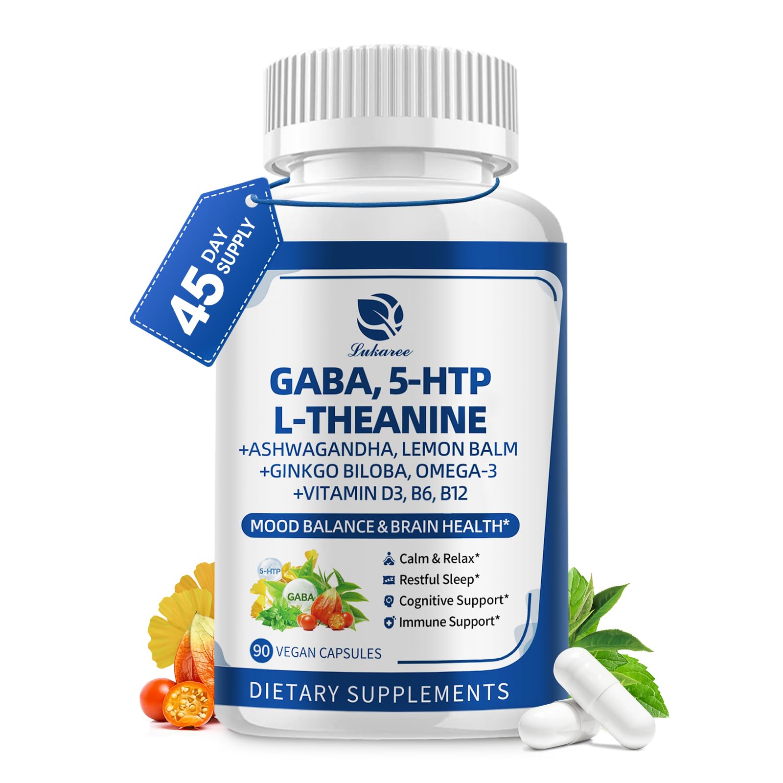 GABA Supplements 750mg with L Theanine, 5HTP, Ashwagandha, Lemon Balm, Ginkgo Biloba, Omega-3, 10 in 1 GABA Calm Capsules for Sleep, Relaxation, Focus, Mood Support, Cortisol Balance - 90CT - Maple Wellness Supplements
