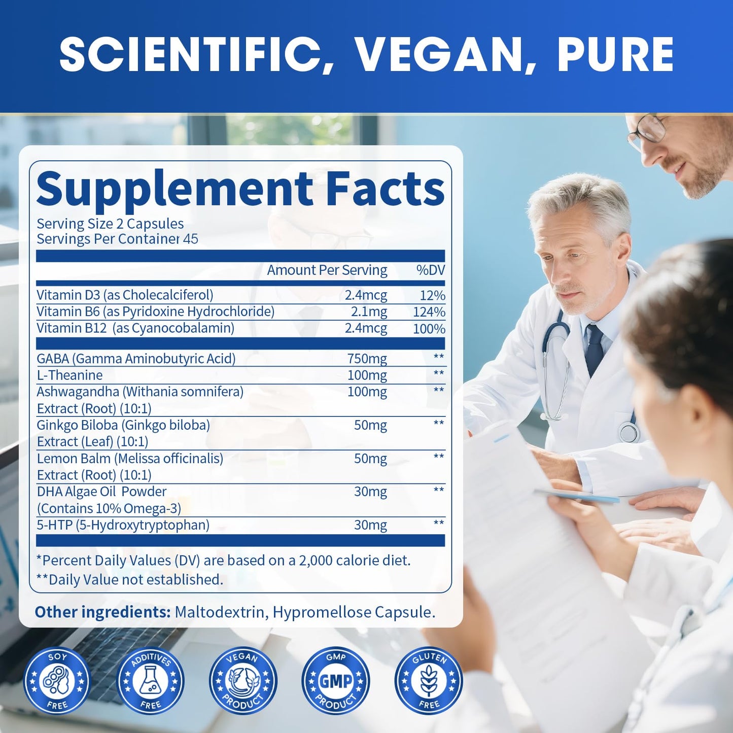 GABA Supplements 750mg with L Theanine, 5HTP, Ashwagandha, Lemon Balm, Ginkgo Biloba, Omega-3, 10 in 1 GABA Calm Capsules for Sleep, Relaxation, Focus, Mood Support, Cortisol Balance - 90CT - Maple Wellness Supplements