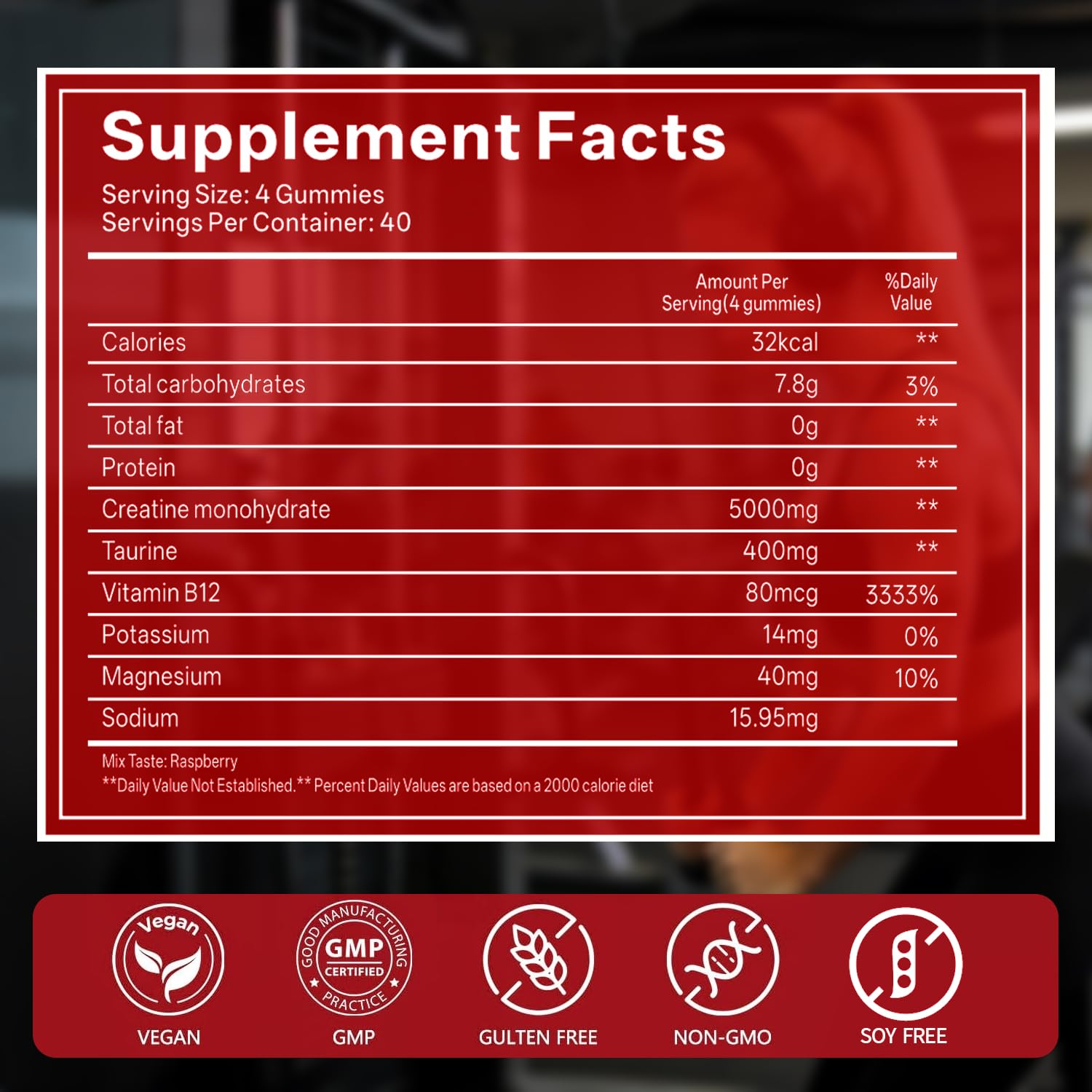 GABE SUNNYBEARS Creatine Gummies, NSF Certified, 5g Creatine Monohydrate per Serving with Taurine & B12, Raspberry Flavor, 160 Count, for Men & Women - Maple Wellness Supplements