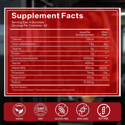 GABE SUNNYBEARS Creatine Gummies, NSF Certified, 5g Creatine Monohydrate per Serving with Taurine & B12, Raspberry Flavor, 160 Count, for Men & Women - Maple Wellness Supplements