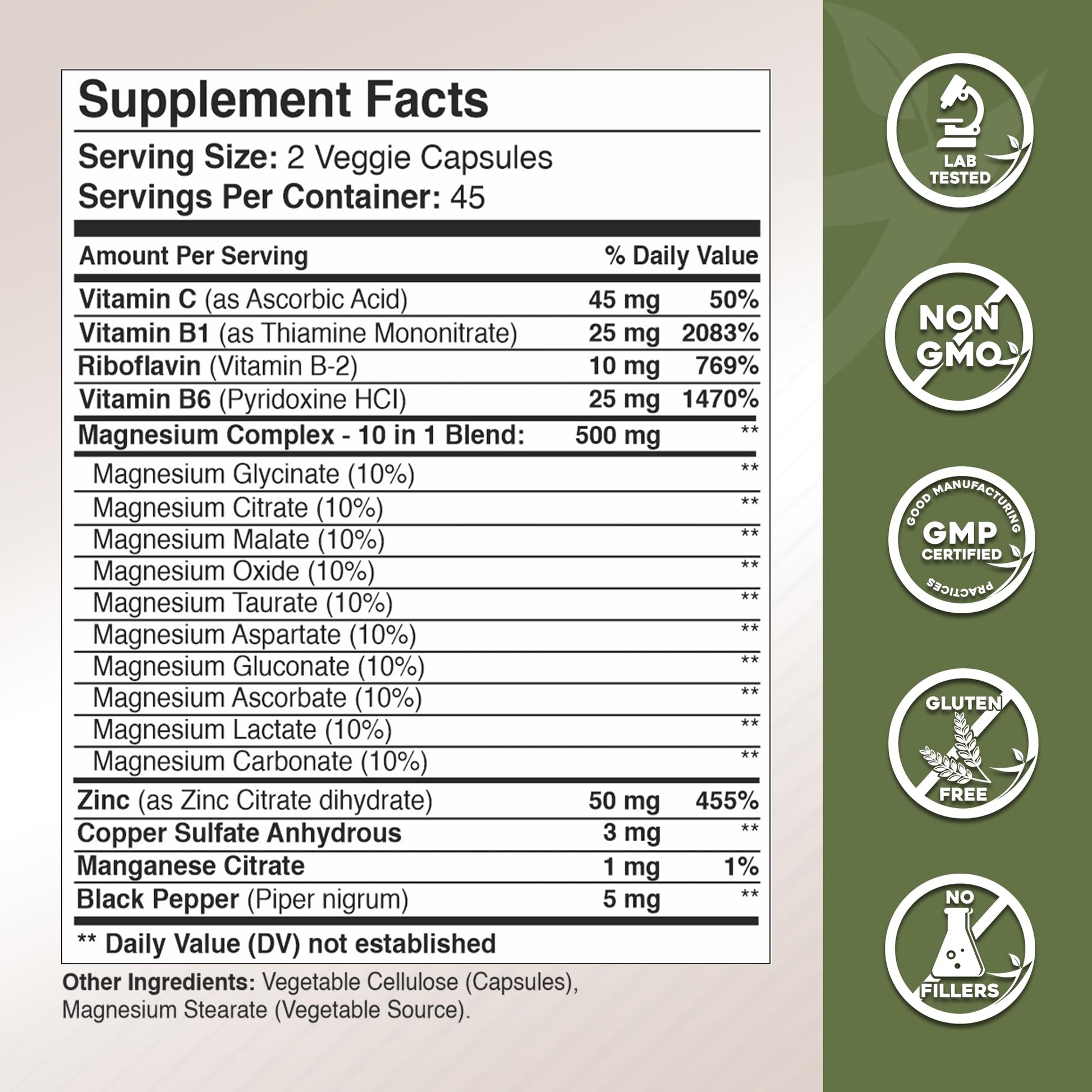 Gade Nutrition Magnesium Complex 10 in 1 - Glycinate, Citrate, Malate, Oxide, Taurate, Aspartate, Gluconate Ascorbate Lactate Carbonate Zinc Copper Manganese & Vitamins 90 Count - Maple Wellness Supplements