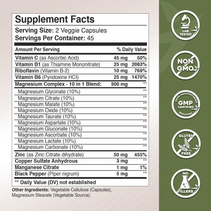Gade Nutrition Magnesium Complex 10 in 1 - Glycinate, Citrate, Malate, Oxide, Taurate, Aspartate, Gluconate Ascorbate Lactate Carbonate Zinc Copper Manganese & Vitamins 90 Count - Maple Wellness Supplements