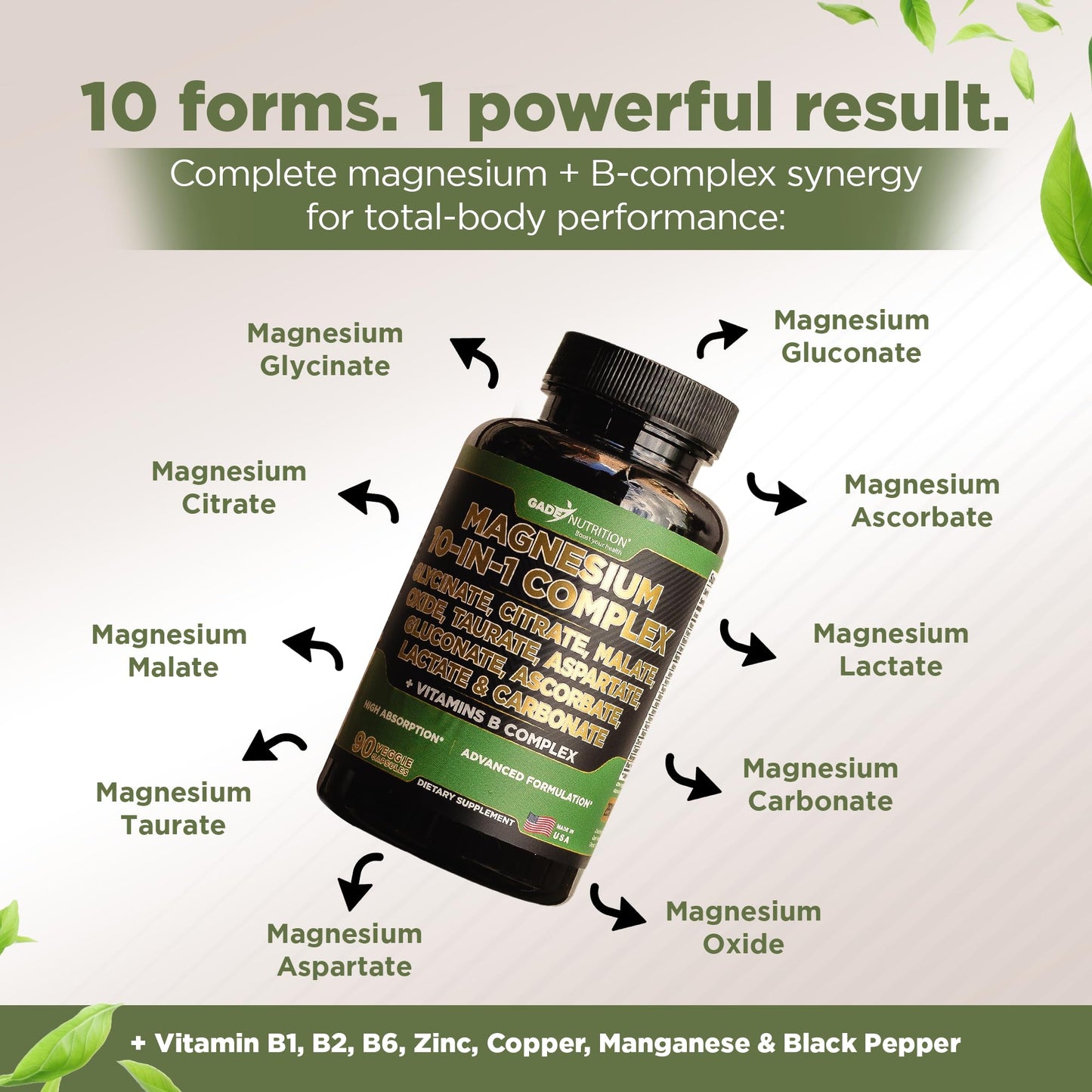 Gade Nutrition Magnesium Complex 10 in 1 - Glycinate, Citrate, Malate, Oxide, Taurate, Aspartate, Gluconate Ascorbate Lactate Carbonate Zinc Copper Manganese & Vitamins 90 Count - Maple Wellness Supplements